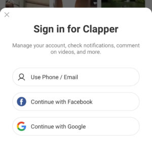 Clapper login with number, Google, and Facebook